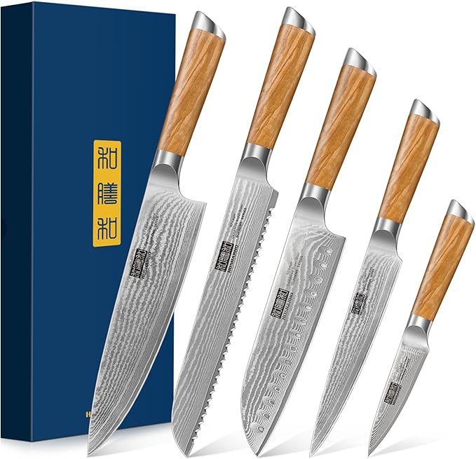 5 Pieces Kitchen Knife Sets, Ultra Sharp Professional Damascus Super Steel Chef Knives Sets with Ergonomic Olive Wood Handle, Including Chef, Bread, Santoku, Utility & Paring Knives