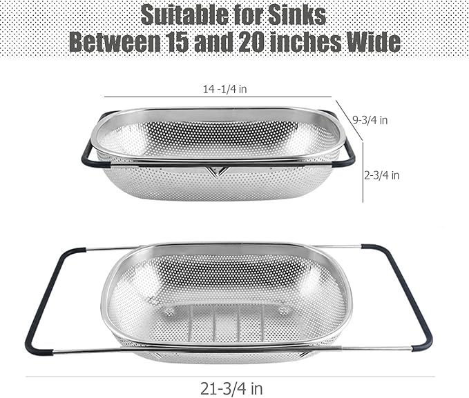 Over The Sink Strainer Stainless Steel Colander 5 Quart Basket with Expandable Rubber Grip Handles for Kitchen Sink - Strain, Drain, Rinse Fruits, Vegetables, Pasta, New Home Essentials