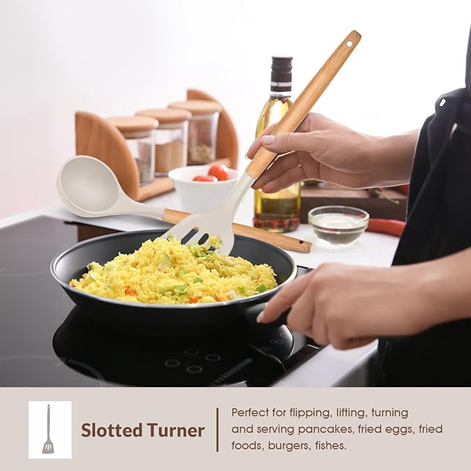 E-far Cooking Utensils Set of 6, Silicone Kitchen Utensils with Wooden Handle, Non-stick Cookware Friendly & Heat Resistant, Includes Spatula/Ladle/Slotted Turner/Serving Spoon/Spaghetti Server(Khaki)