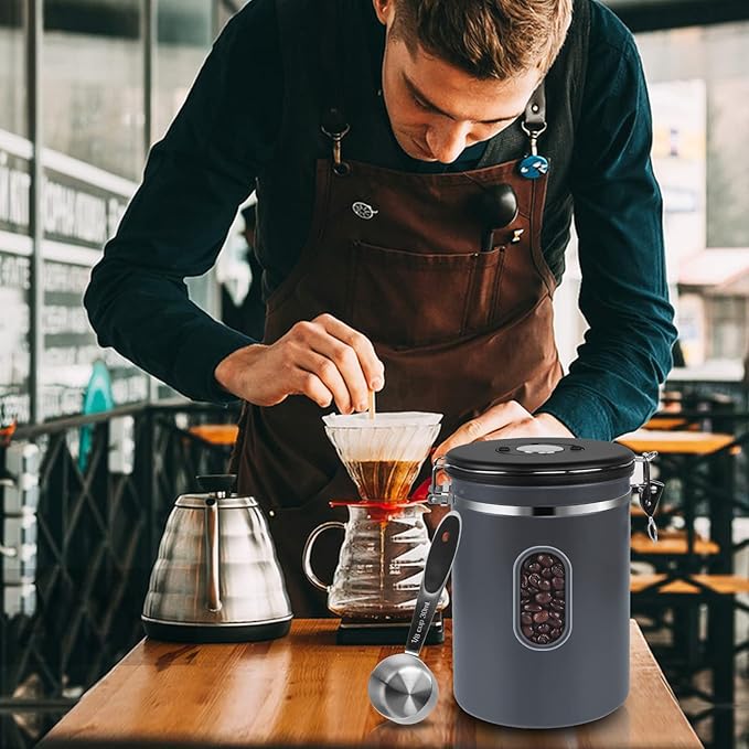ROCKY&CHAO 2800ML Coffee Canister with Date Tracker&Transparent Window, 35OZ Coffee Container with 30ML Measure Spoon&4 co2 Valve, Coffee Bean Storage Container for Grounds Coffee, Beans, Tea(Gray)