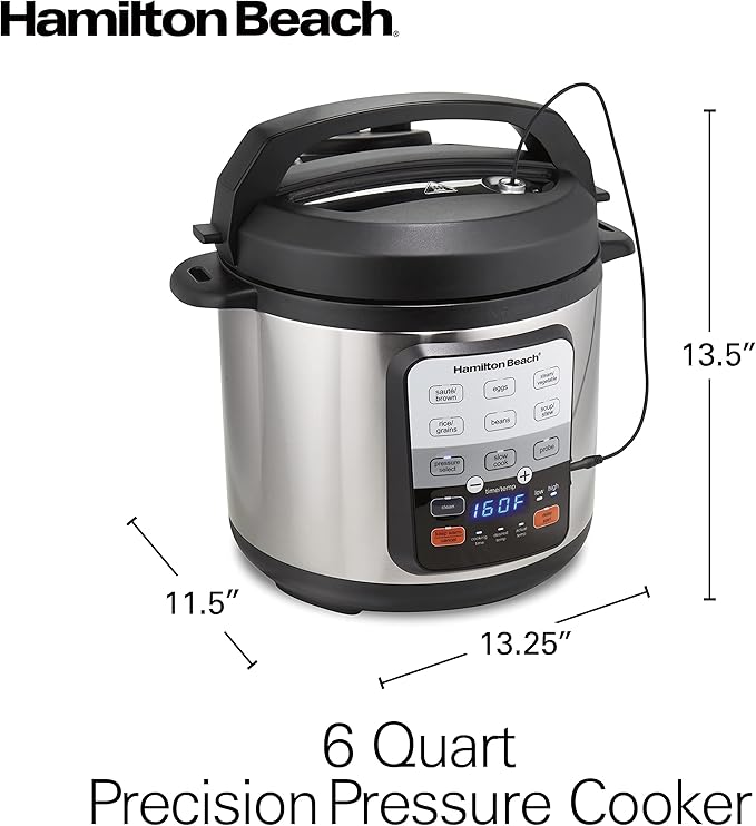 Hamilton Beach 6-in-1 Electric Pressure Cooker with Temperature Probe, Slow Cooks, Sautés, Browns, Steams, Rice Function, Egg and More, 6 Quart Capacity, Stainless Steel (34506)