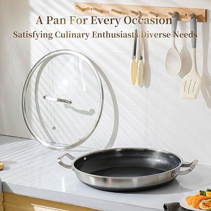 DELARLO Nonstick Paella Pan With Lid 14 Inch, Tri-Ply Stainless Steel Large Skillet, Everyday Pan, Fast & Even Heating Induction Cooking Pan, Dishwasher and Oven Safe, Heavy Duty Style