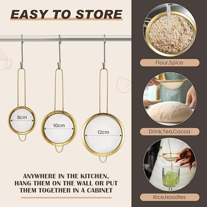Norme 4 Quart Stainless Steel Gold Colander and 3 Pcs Gold Fine Mesh Strainer, Stainless Steel Pasta Rice Food Metal Strainer with Handles, Easy Clean and Dishwasher Safe