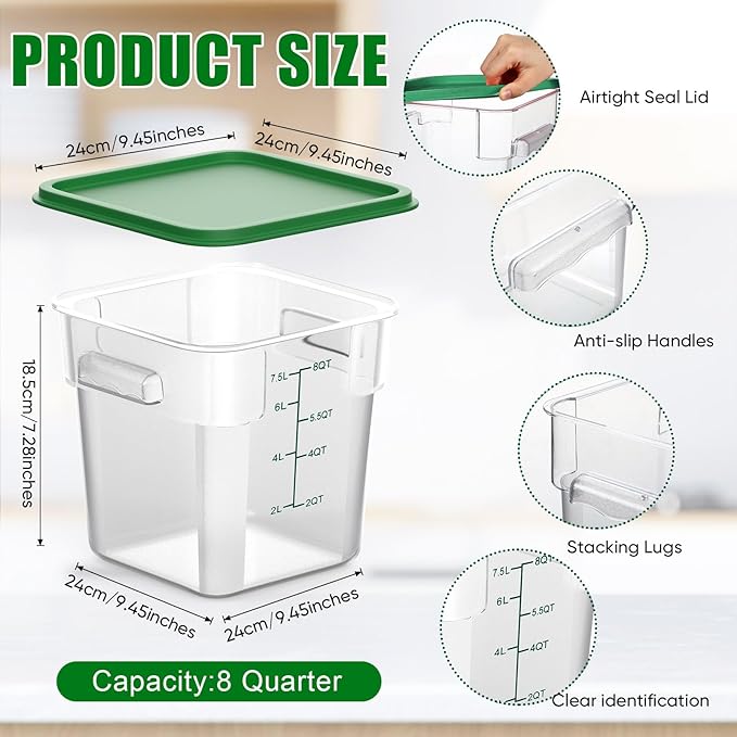 2 Pieces Square Food Storage Containers Polycarbonate Clear food Container with Lid Commercial Storage with Graduations for Commercial Kitchen Dough Marinating Meat(Green, 8 Qt)