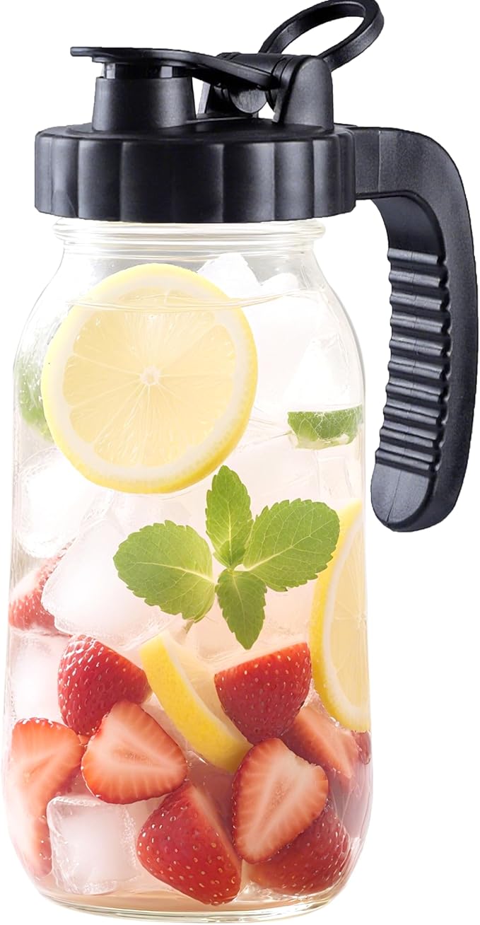 2 Quart Glass Mason Jar Pitcher With Lid 64 Oz Wide Mouth Cold Hot Water Pitcher Half Gallon Sun Tea Coffee Jug Carafe For Fridge Lemonade, Beverage,Breast Milk,Juice, Cold Brew Iced Tea Container