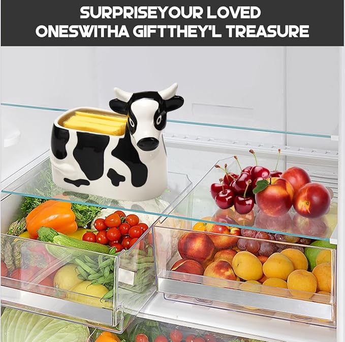 Cow-Shaped Cheese Slice Holder for Refrigerator - BPA-Free Ceramic Cheese Saver -Dishwasher- Holder with Hinged Lid - Sliced Container for Fridge - Keeps Cheese Fresh & Flavorful