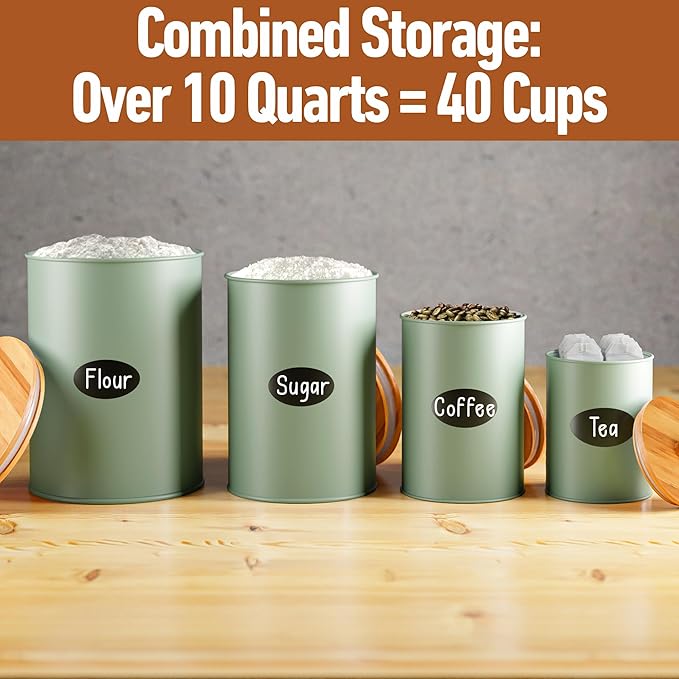 Kitchen Canisters for Countertop Set of 4 with Customizable Chalkboard Labels & Marker Pen - Big Iron Kitchen Canisters with Airtight Lids - Sage Green Canister Set - Flour and Sugar Containers