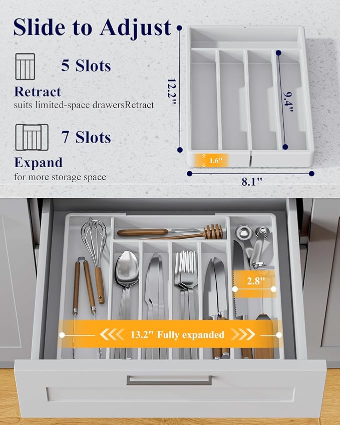 Kitsure Silverware Organizer for Drawers - Expandable Cutlery and Utensil Drawer Organizer with Easy Maintenance, Premium PP Kitchen Organizers and Storage for Flatware, White, 13.2" x 12.2" x 1.6"