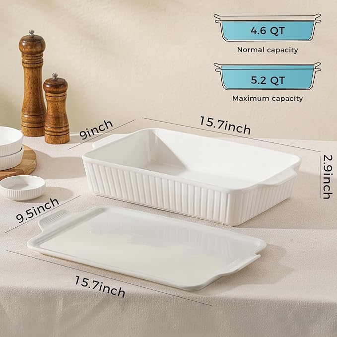 Dizada Large Casserole Dish with Lid, Deep 5.2-Qt (9"x13") 2-in-1 Ceramic Baking Dish with Ceramic Lid, Extra Large Rectangular Baking Pan For Casserole & Lasagna, Dishwasher, Freezer, Microwave and Pre-Heated Oven Safe