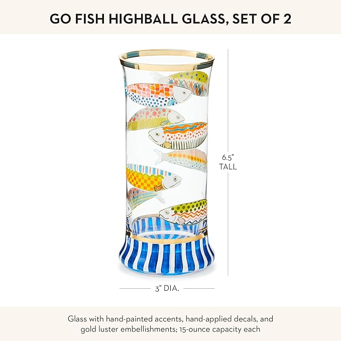 MACKENZIE-CHILDS Highball Glasses, Tall Drinking Glasses with Gold Rims, 15 Ounces, Set of 2, Go Fish