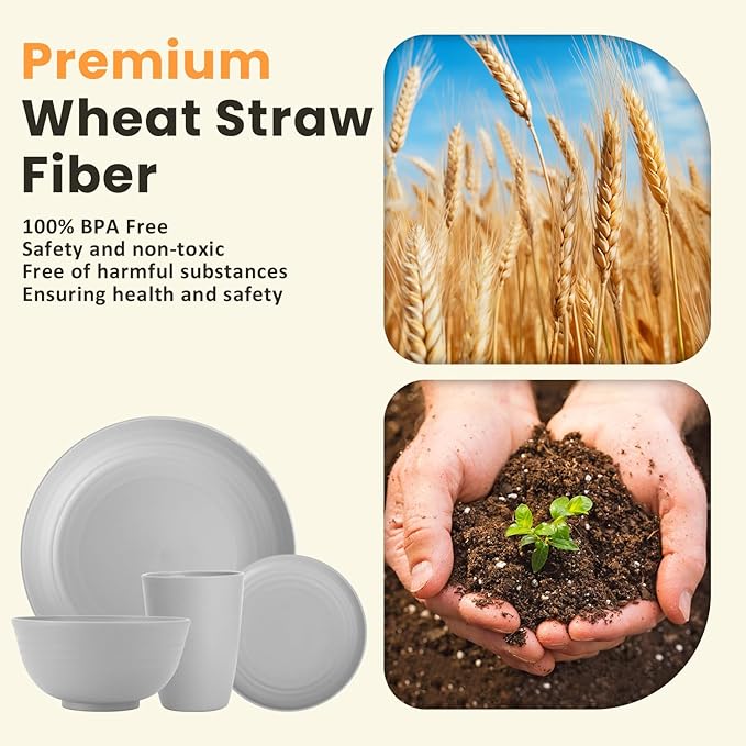 Homienly 32-Piece Kitchen Wheat Straw Dinnerware Set, Service for 8, Dinner Plates, Small Dessert Plate, Cereal Bowls, Cups, Unbreakable Outdoor Camping Dishes, Microwave and Dishwasher Safe-Grey