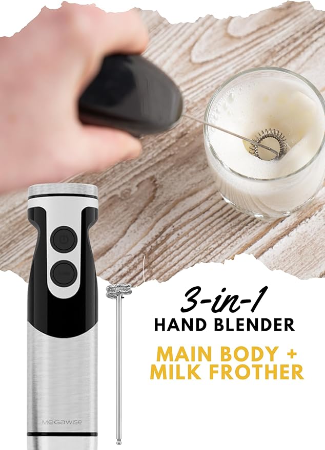 Megawise High-Power Hand Blender – 400W Max Power with Versatile 3-in-1 Attachments (Blending Shaft, Whisk, Chopper); Ergonomic Design with Adjustable Speed Control; Easy to Clean and Maintain (Black)