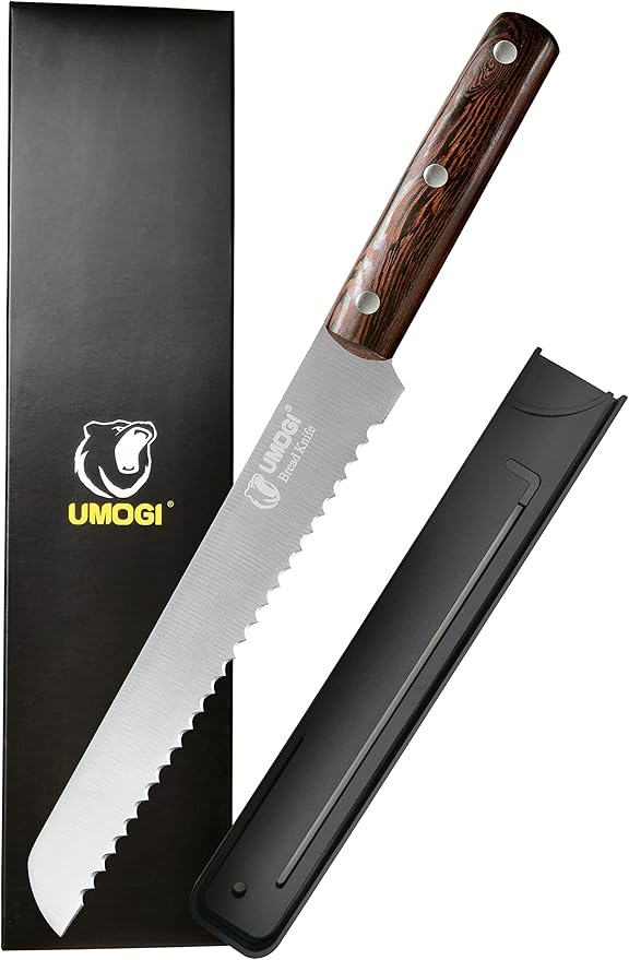 Bread Knife 8 Inch with Sheath - German High Carbon Stainless Steel, Ergonomic Grip Full Tang Wood Handle - Serrated Edge Home Kitchen Knife for Bread Tomatoes & Cake