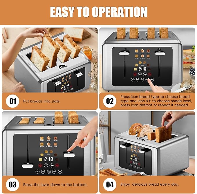 4 Slice Toaster, Touchscreen & Dual Independent Control Panel,5 Basic Functions & Digital Countdown Toasters, 6 Shade Settings&6 Bread Types, Smart Bread Maker Mute/Screen-Off,Brushed steel