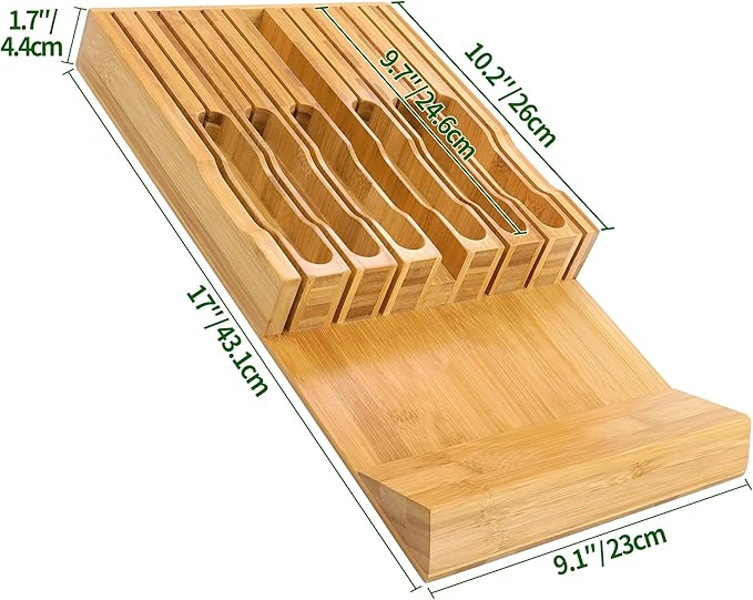 VaeFae Bamboo Knife Drawer Organizer, Knife Drawer Organizer Insert, Kitchen Drawer Knife Block for 12 Knives and a PLUS Slot for your Knife Sharpener (Without Knives)