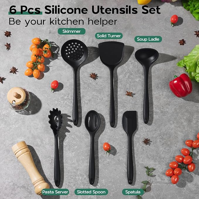 Cooking Utensils Set of 6, Onader Black Silicone Kitchen Cooking Utensils Set for Nonstick Cookware, Non Toxic & Dishwasher Safe