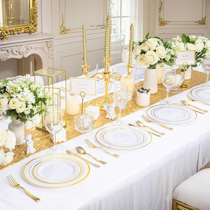 WDF 120 pieces Gold Disposable Plastic Plates - White and Gold Plates Include 10.25" Dinner Plate & 7.5" Salad Plate for Thanksgiving Weddings/Party