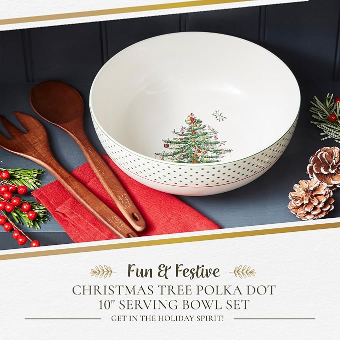 Spode Christmas Tree 10" Serving Bowl & Wooden Servers, Polka Dot - Ceramic Serving Bowls & Party Bowls for Holiday Celebrations - Salad Bowls and Soup Bowls for Dining - Christmas Table Setting
