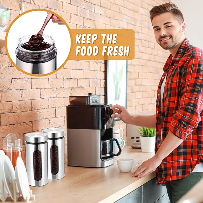 6 Pack Kitchen Canisters Set Airtight Coffee Sugar Tea Candy Storage Jars with Window Glass Stainless Steel Containers with Lids for Flour Cookies Spices Grains Kitchen Decorations(44 oz)