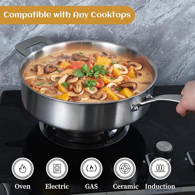 LOLYKITCH Sauté Pan, 7 QT Tri-Ply Stainless Steel Deep Cooking Pot, 12 Inch Everyday Pan with Lid, Large Induction Frying Skillet Compatible with All Cooktops, Two Ergonomic Handles for Conversion