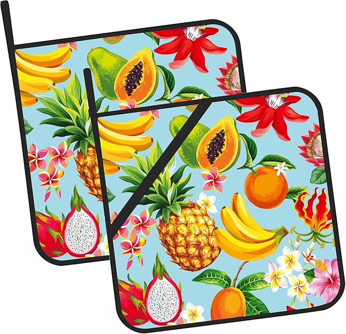 Hawaiian Tropical Fruits Pot Holders Set of 2 Heat Resistant & Non Slip Potholders, Flowers Oven Hot Pads for Kitchen Cooking Baking Barbecue