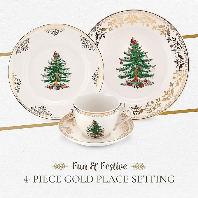 Spode Christmas Tree Gold 4-Piece Holiday Dinnerware Set - Fine Earthenware Tableware with 22K Gold Accents - Dinner Plate, Salad Plate, Teacup, Saucer - Festive Christmas Tableware, Dishwasher Safe