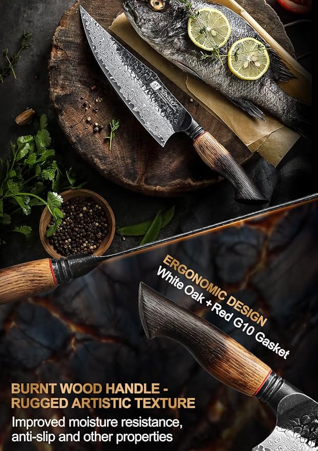 XINZUO 8.6 inch Professional Damascus Chefs Knife,67 Layers Damascus Steel Kitchen Knife,10Cr15CoMoV Steel Core,Very Sharp for Vegetables Meat Cutting for Home Kitchen,Burnt White Oak Wood Handle