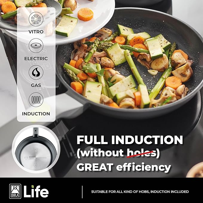 BRA COOKWARE Life Sauce Pan w/Glass Lid | 6.3 inches 1.2 quarts Recycled Cast Aluminum Small Casserole | Ceramic Non-Stick | All Heat Sources Compatible | PFOA Free Sauce Skillet | Soft-Touch Handle