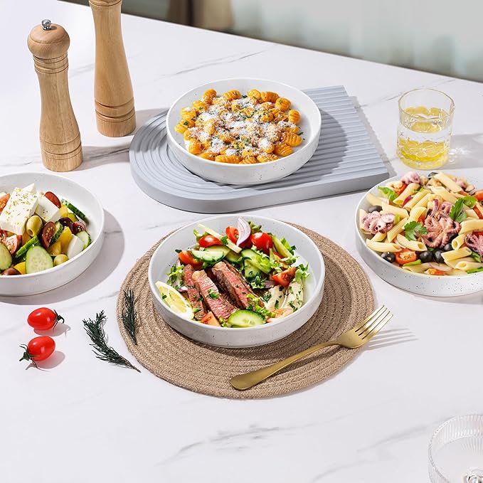 E-far Pasta Bowls Set of 4, 30oz Shallow Salad Bowls for Dinner Serving, 8.25" Stoneware Ceramic Bowl Plates for Noodle Soup, Microwave & Dishwasher Safe, Glossy Porcelain, Speckled White