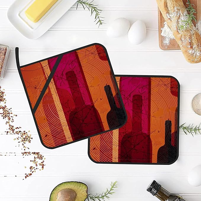 Abstract Wine Pot Holders 2 PCS for Kitchen, Heat Resistant Hot Pads for Cooking Grilling Baking BBQ, Pot Holders for Women Cook Essentials Accessories Home Microwave