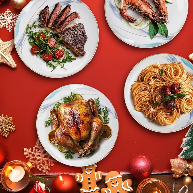 Ceramic Dinner Plates Set of 8, 10 inch, Salad Plates, Pizza Plates, Dinnerware Sets, Microwave & Dishwasher Safe, Fantasy Series, Gold Rim