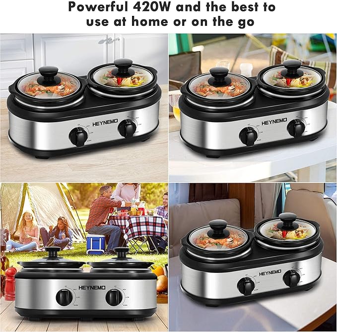 Double Slow Cooker, Buffet Servers and Warmers, Dual 2 Pot Slow Cooker Food Warmer, Adjustable Temp Dishwasher Safe Removable Ceramic Pot Glass Lid, 2 x 1.25 QT Portable Small Crock Cooker