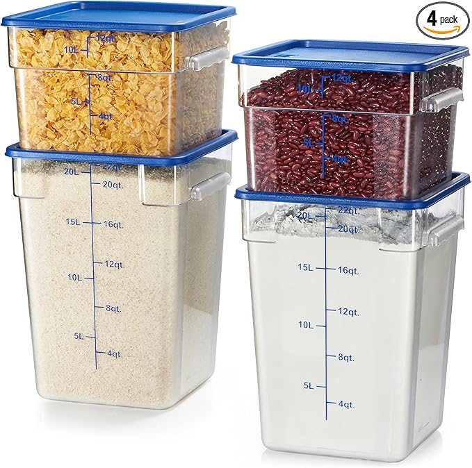 CURTA 4-Pack Food Storage Containers with Blue Lids - 12 Qt & 22 Qt Square Clear Polycarbonate - NSF Listed, Commercial Grade, Freezer & Dishwasher Safe, Stackable