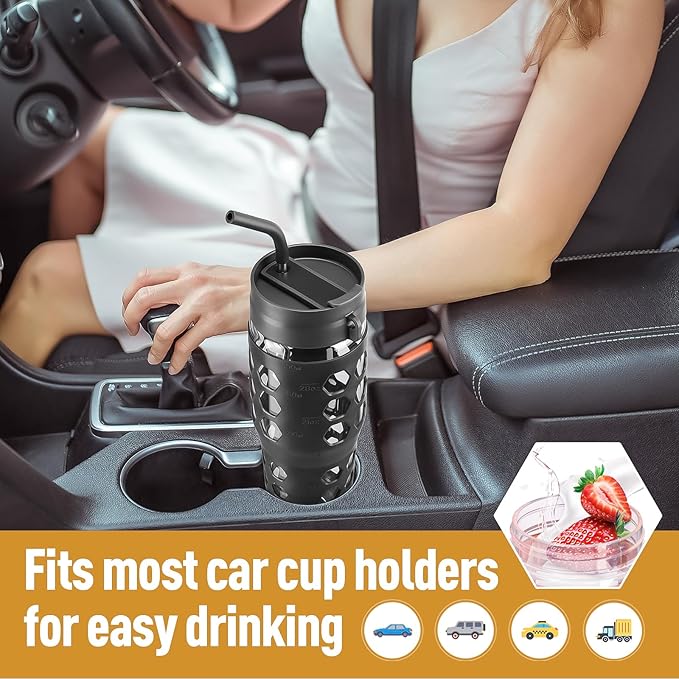 MUKOKO 32 oz Glass Tumbler with Straw,Glass Water Bottles with Time Marker,Iced Coffee Cup with 2 Lids-Handle Spout Lid&Straw Lid,Silicone Sleeve,Leakproof,1 Pack-Black