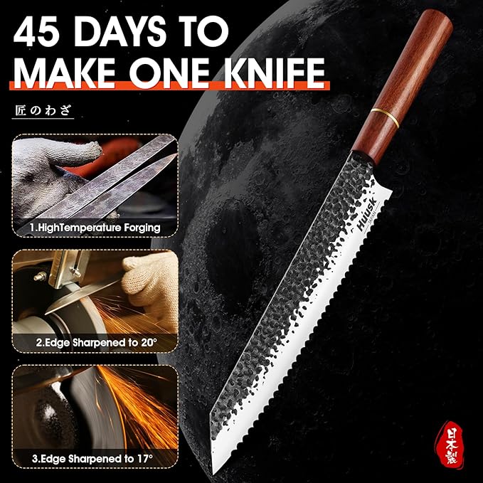 Huusk Japanese Bread Knife, 9.7 Inch Long Serrated Bread Knife, Lightweight Slicing Bread Knife for Cutting Homemade Sourdough Bread, Serrated Knife with Gift Box