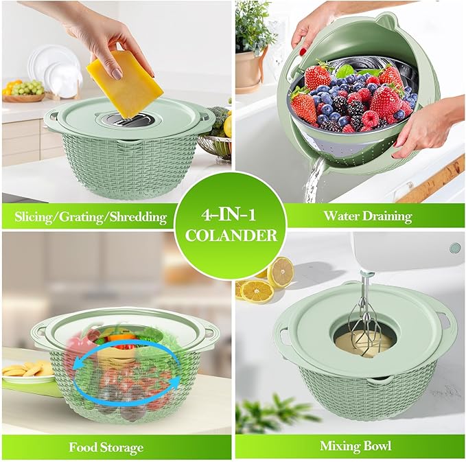 4 in 1 Colander with Bowl Set, Food Strainers and Colanders, Colander for Kitchen, Pasta Strainer, Fruit Washing Bowl, Kitchen Essentials Strainer Basket Bowl, Green