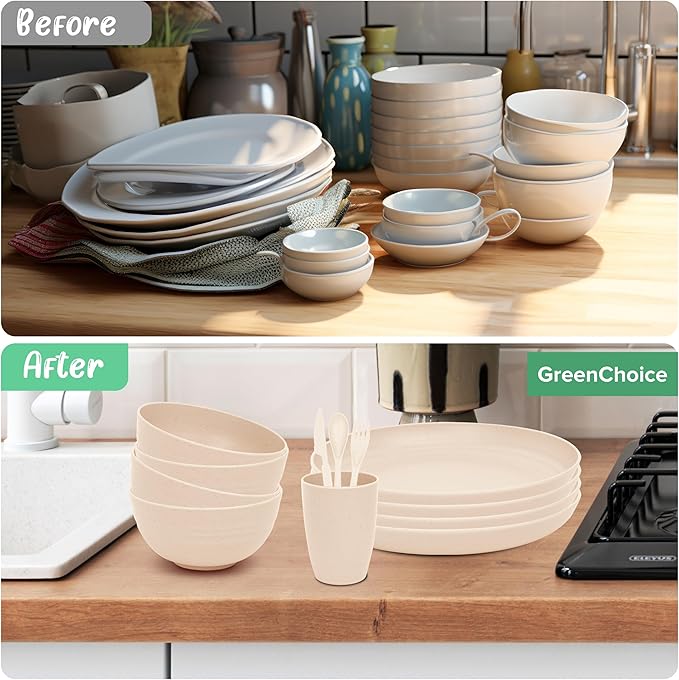 Wheat Straw Dinnerware Sets for 4 - GreenChoice Lightweight & Unbreakable Dishes Microwave & Dishwasher Safe Perfect for Camping, Picnic, RV, Dorm Plates, Cups and Bowls (Beige)