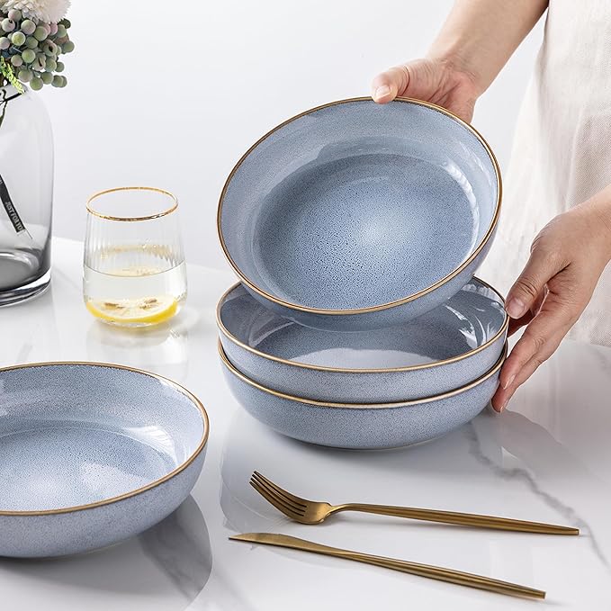 GBHOME 9'' Large Ceramic Pasta Bowls, 38oz Stoneware Pasta Serving Bowls Set of 4 for Kitchen, Wide Bowls for Fruit,Pasta,Salad,Oatmeal,Meal, Microwave Safe, Reactive Glaze-Blue