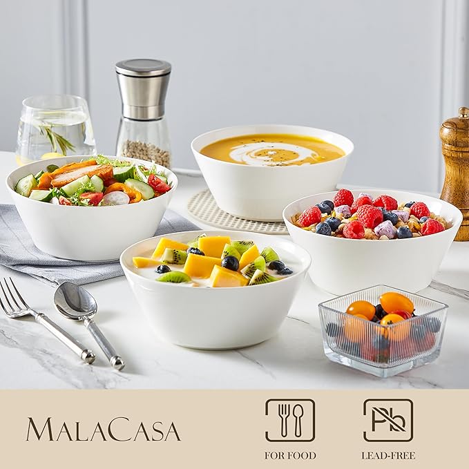 MALACASA 35 OZ Soup Bowls, White Porcelain Bowls Set of 4, Deep Bowls for Kitchen, Large Ceramic Bowls for Soup, Cereal, Salad, Ramen and Fruit, Dishwasher & Microwave Safe, Series Regular