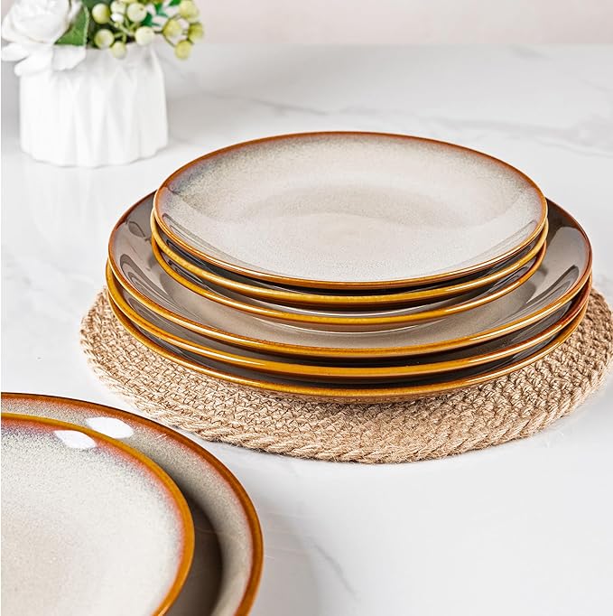 LERATIO Ceramic Dinner Plates Set of 6, 10.5 Inch Handmade Reactive Glaze Porcelain Plates, Coupe Shape Dinnerware Dishes Set for Kitchen,Oven& Microwave & Dishwasher Safe, Scratch Resistant-Kakhi