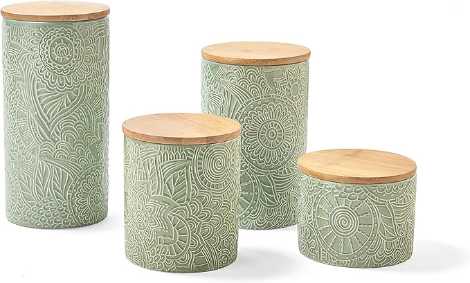 American Atelier Embossed Canister Set 4-Piece Ceramic Set Jar Container with Wooden Lids for Cookies, Candy, Coffee, Flour, Sugar, Rice, Pasta, Cereal & More Sage