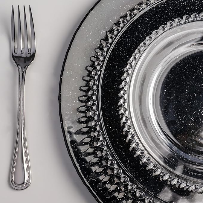 WOLFF - Set of 4 Pearl Beaded Crystal Dessert Plates - Salad, Appetizer or Starter Plate, Dinner Accessories, Decorative Dish, Crystal Kitchen Accessories - Luxury Dinnerware - Clear 8"