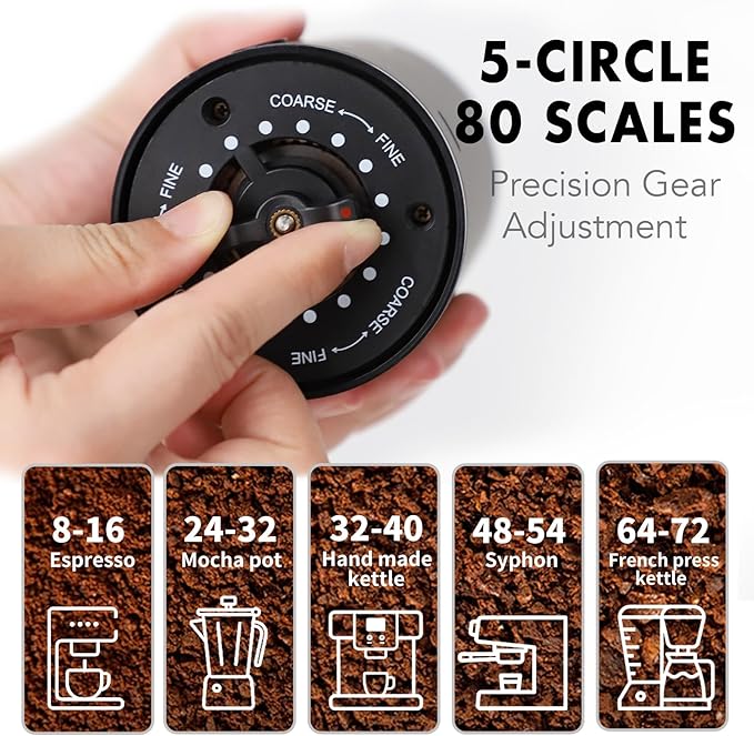 Electric Burr Coffee Grinder, 80 Precise Settings Rechargeable Cordless - Conical Stainless Steel Grinder for Espresso, Drip, French Press, Portable for Travel & Home Use