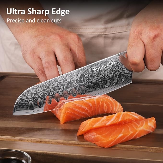 Sunnecko Damascus Chef Knife Japanese Santoku Knife 7 Inch Chopping Knife Vegetables, High Carbon Stainless Steel Knife with Gift Box