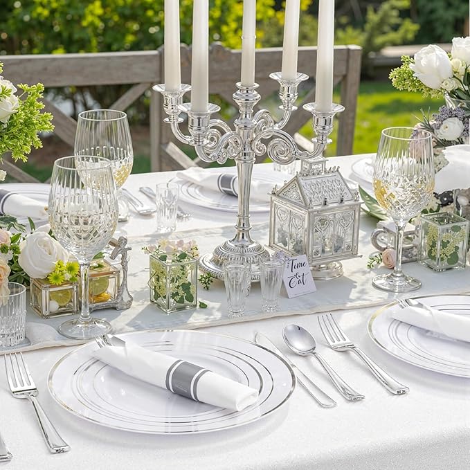 WDF 120PCS Plastic Christmas Plates White Silver Rim - Disposable Plates including 60PCS for Dinner 10.25inch, 60 Salad/Dessert Plates 7.5inch Heavy Duty Wedding