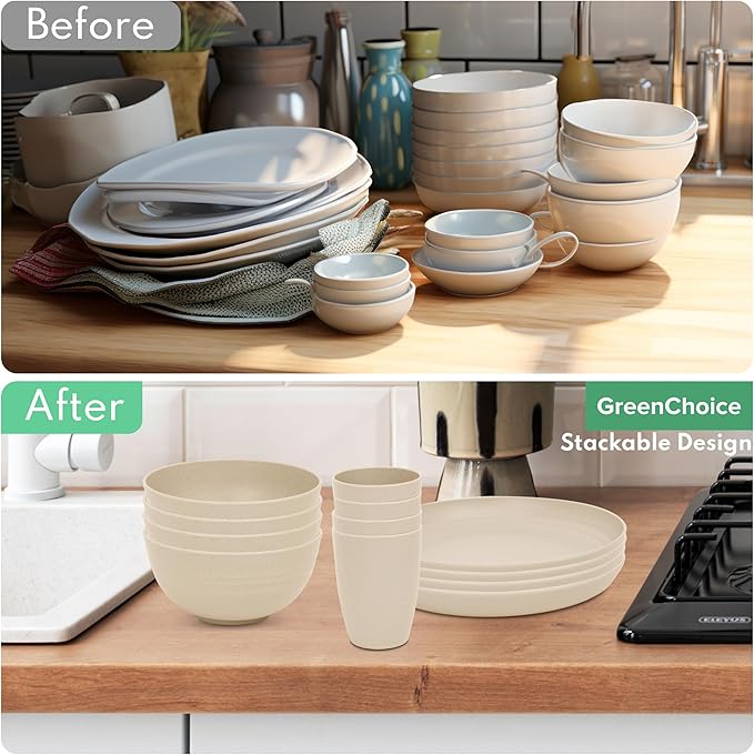 Wheat Straw Dinnerware Sets for 4 - GreenChoice Lightweight & Unbreakable Dishes Microwave & Dishwasher Safe Perfect for Camping, Picnic, RV, Dorm Plates, Cups and Bowls (Beige)