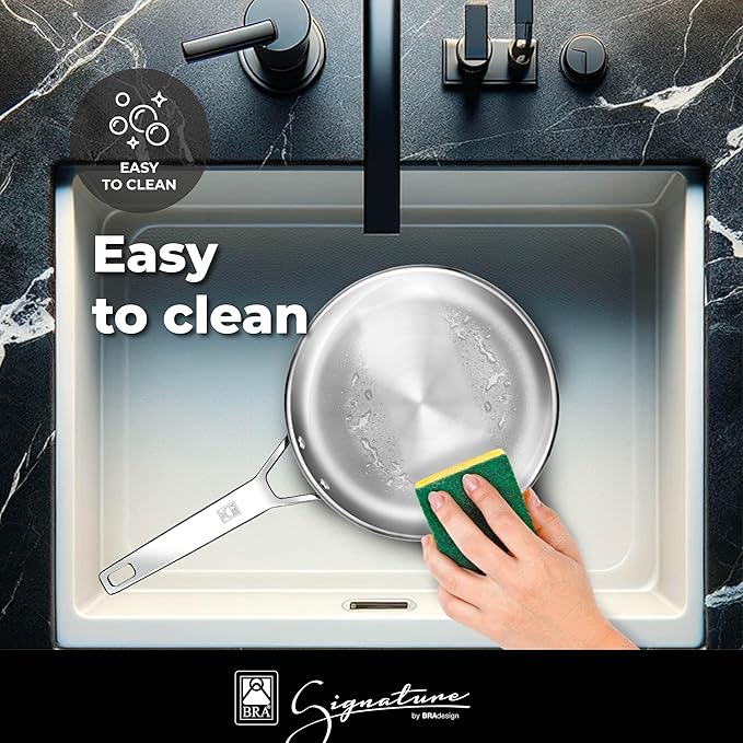 BRA COOKWARE Signature Deep Frying Pan | 8 inches Professional High Skillet | Stainless Steel Deep Frying Pan | All Stovetop Compatible | PFOA Free | w/o Non-Stick Coating | Polished Finish