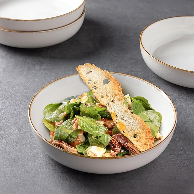 GBHOME 9'' Large Ceramic Pasta Bowls, 38oz Stoneware Pasta Serving Bowls Set of 4 for Kitchen, Wide Bowls for Fruit,Pasta,Salad,Oatmeal,Meal, Microwave Safe, Reactive Glaze-Pear White