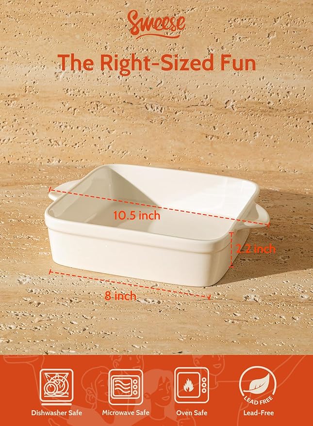 Sweese 8x8 inch Square Porcelain Baking Dish with Double Handles - Non-Stick Oven Casserole Pan for Brownie, Lasagna, Roasting - Great for Serving or Cooking