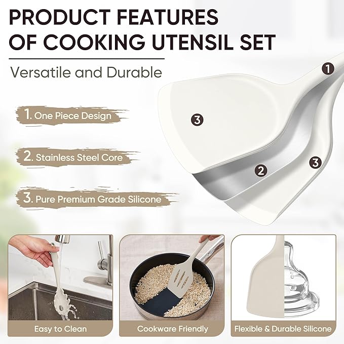 Herogo Silicone Cooking Utensils Set, 7-Piece Kitchen Utensils Set, Heat Resistant Cooking Gadget Tools Slotted Turner, Spoon, Soup Ladle, Pasta Server, Spatula, Tongs for Nonstick Cookware, White